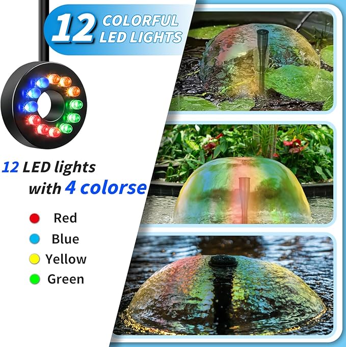 15W 200 GPH Submersible Fountain Pump with LED Light, Ultra Quiet Adjustable Water Pump (800L/H) for Water Feature, Hydroponics, Garden, Pond, Aquariums, Fish Tanks, Indoor Outdoor Fountain