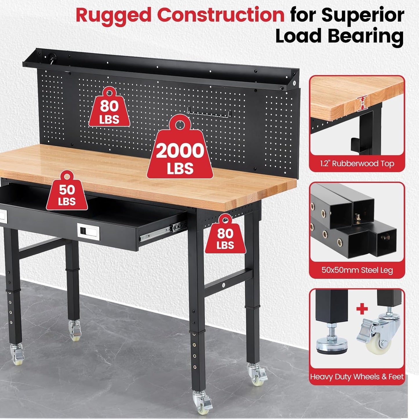 Work Bench with Wheels 60 x 22 Inch Heavy Duty Rubberwood Tabletop Work Table Adjustable Height Garage Workbench with LED, Drawers, Pegboard, Power Outlets for Woodworking Shop, Home, Office