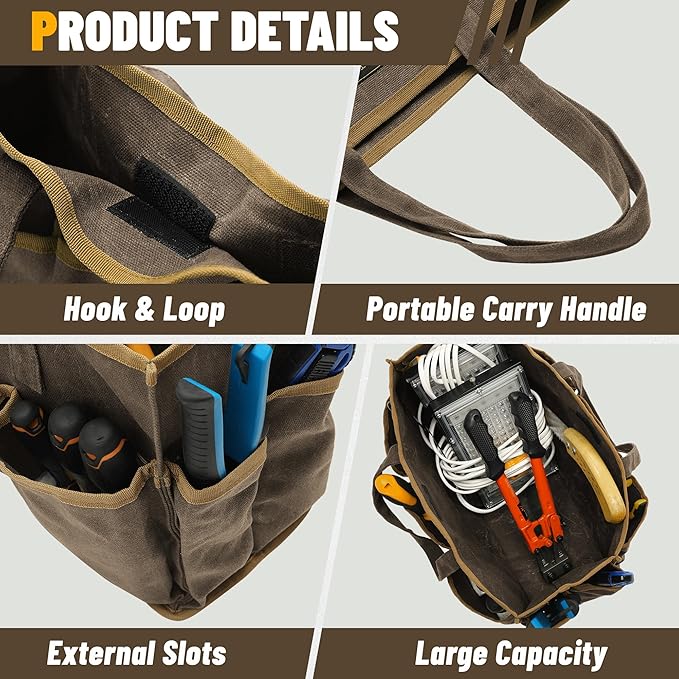 16OZ Waxed Canvas Tool Tote Bag for Garden Tools Wrench Set & Screwdrivers | 11-Pocket Garden Tool Bag with Portable Handles, Multi-Purpose Tool Storage Organizer (14"L x 5.5"W x 10.5"H) – Grey