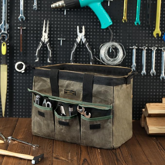 15 Inch Tool Bag, Heavy Duty Waxed Canvas Wide Mouth Water-Resistant Tool Bag, Garden Tool Tote with 15 Pockets | ArmyGreen