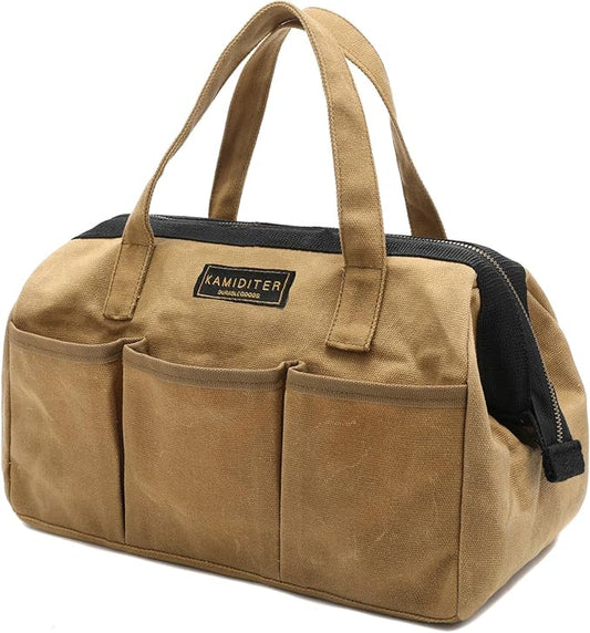 Tool Tote, 13-inch Heavy Duty Waxed Canvas Wide Mouth Tool Bag, Open Top tool Pouch with Handle for Tools, Wrenches, Screwdrivers (13 X 7 X 9 inch) | Khaki