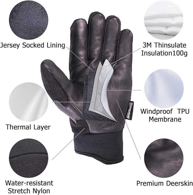 SKYDEER Full Deerskin Leather Winter Drive Work Gloves, Extra Soft 100G 3M Thinsulate, Thermal Insulated Gloves (SD2211T)