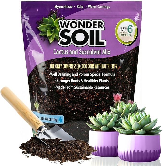 WONDER SOIL | Organic Cactus & Succulent Soil Mix (12 Quarts) | Fast Draining Living Coco Coir Loaded w/Nutrients | Ready to Plant Indoor/Outdoor Peat-Free Potting Soil | 3 LB Expands to 12 Quarts