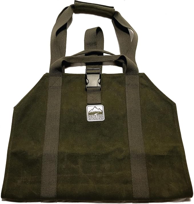 Heavy Duty Waxed Canvas Firewood Log Carrier Bag Tote – Unique Dual Handles allow Secure Comfortable grip with various load sizes. Cinch Strap holds all wood in place (Olive/Olive)