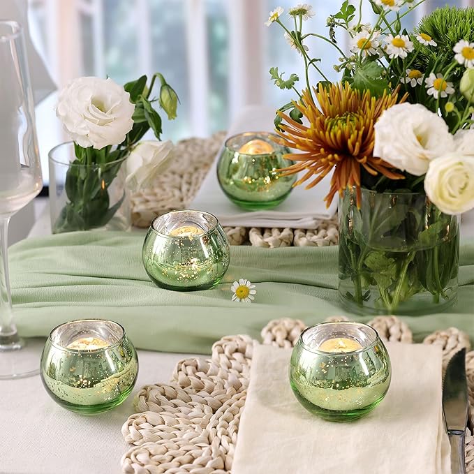 Volens Round Green Votive Candle Holders Set of 12, Green Wedding Centerpiece Table Decorations, Mercury Glass Tealight Candle Holder for Bridal Shower, Baby Shower & Home Decor