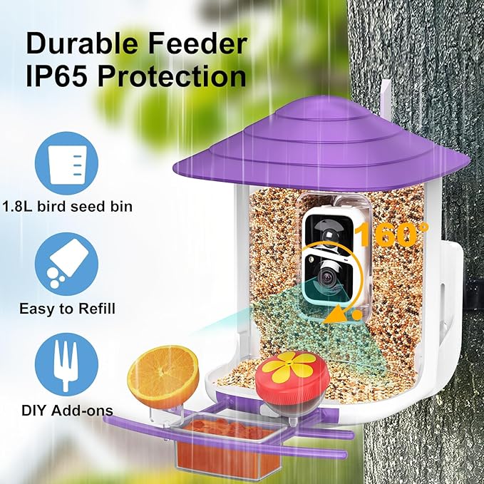 birdsnap® TUC Bird Feeder with Camera 2K HD, Solar Panel 32GB Card 4-in-1 Perch, 160°View Auto Detect & Notify AI Identify Video Bird Camera Wireless Outdoors Ideal Gift for Birds Lover
