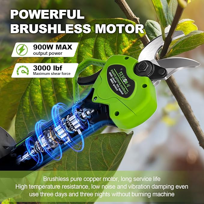 Electric Pruning Shears Cordless,1.6" Diameter Battery Powered Pruning Shears with LCD Display, 900W Brushless Motor Cordless Pruner, Power Scissors for Gardening with 2Pcs 2000mAh Battery