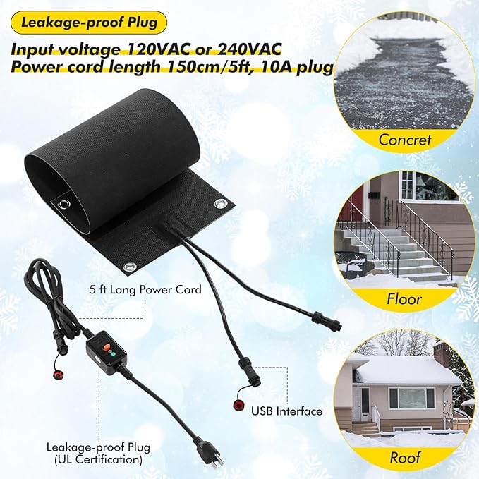 Timgle 3 Pcs Heated Snow Melting Mats, 10 x 30 Inch Non Slip Heated Rubber Mats for Walkways, Snow Ice Melting Pads Connection with 6 ft Power Cord for Winter Outdoor Stairs Doorway Walkway Sidewalks