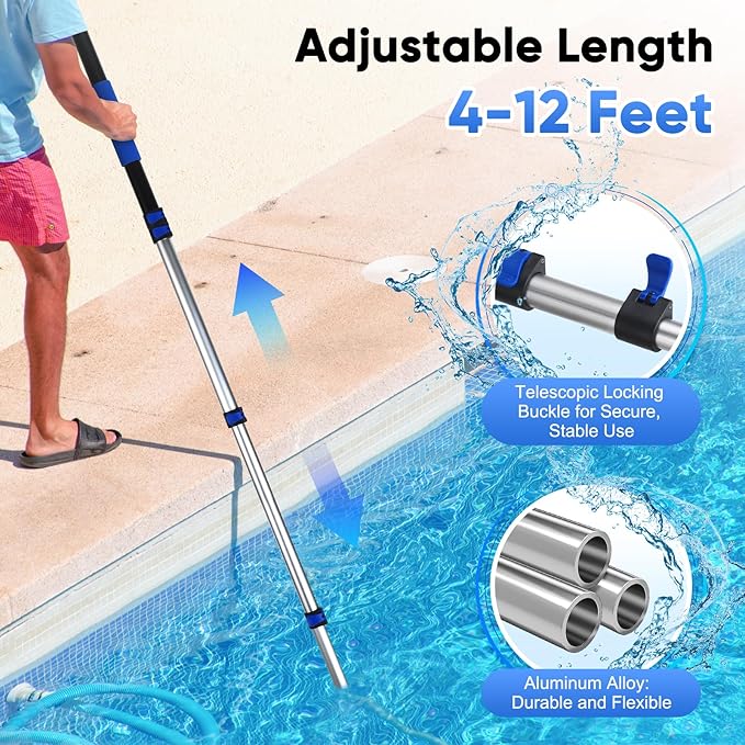 GADFISH Pool Pole Telescopic, 16FT Reach Aluminium Telescoping Pole with 4 Baffle Locks, Universal Extension Pole for Skimmer Nets, Rakes, Brushes and Vacuum Heads -Swimming Pool Cleaning Tools