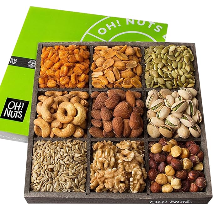 Oh! Nuts 9 Variety Nuts Gift Basket - Healthy Gift Baskets - Gourmet Assorted Nuts Tray - Gift Box for Holiday, Movie Night, Corporate, Families - Gift Ideas for Men and Women