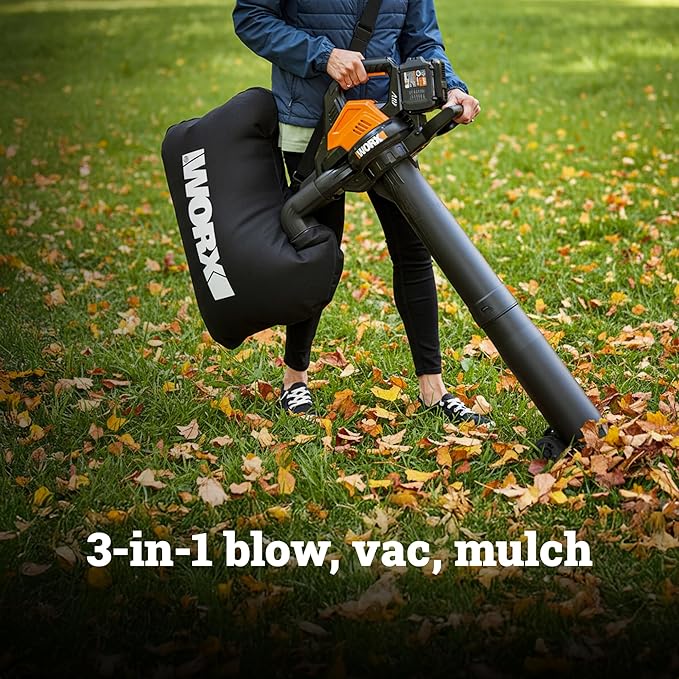 WORX WG583.9 40V Cordless Leaf Blower, 3 in 1 Blowers for Lawn Care with Vacuum & Mulcher, Electric Blower with Brushless Motor & 2 Speed Control, 2 Batteries & Charger Not Included
