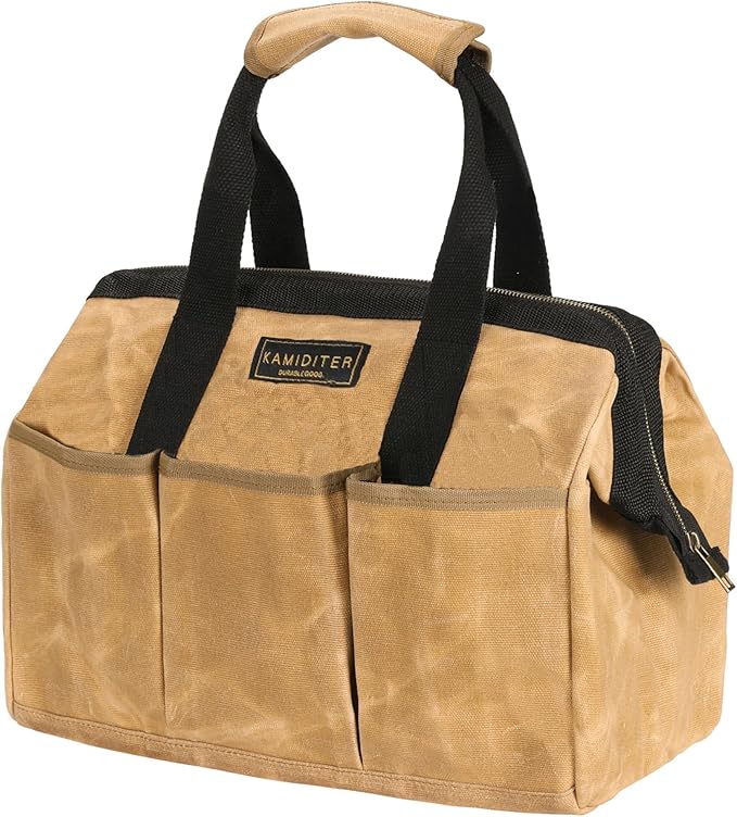 Heavy-Duty Waxed Canvas Tool Tote Bag - Wide Mouth Open Top Organizer with Reinforced Handle | Large Capacity Tool Pouch for Wrenches, Screwdrivers & DIY Supplies (15 x 11.5 x 7.8 inch, Khaki)