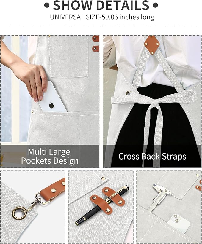 ZOMAO White Chef Aprons for Men Women with Large Pockets,Cotton Canvas Cross Back Apron,Kitchen Cooking Baking Bib Heavy Duty Adjustable Work Apron