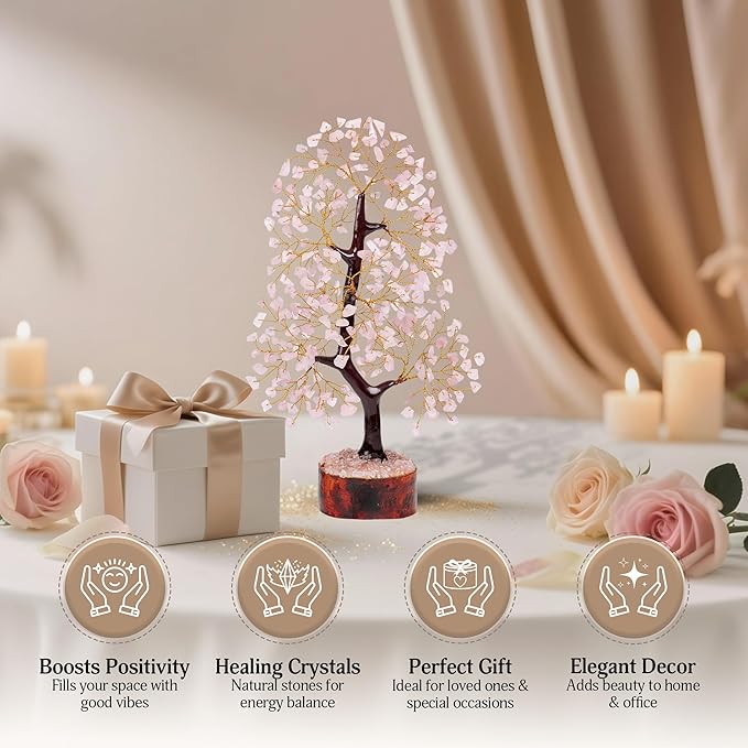 FASHIONZAADI Rose Quartz Crystal Tree of Life for Women Office Decor, Good Luck, Money, Meditation, Positivity, Handmade Healing Crystal Stones Bonsai Tree Spiritual Birthday Gifts for Women