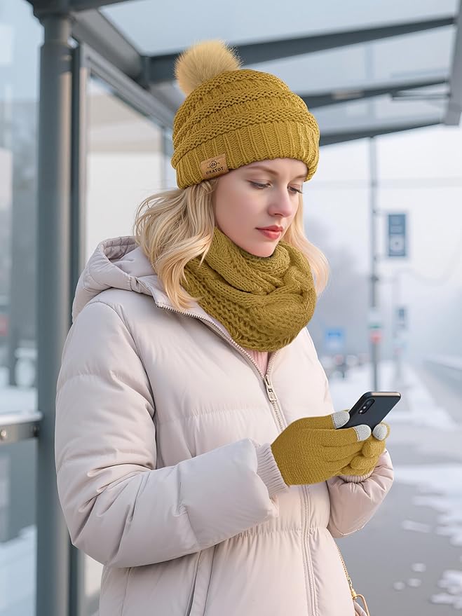 URATOT 4-In-1 Winter Warm Sets Knitted Scarf Touch Screen Gloves Beanie Pompom Hat and Winter Ear Warmer for Men or Women