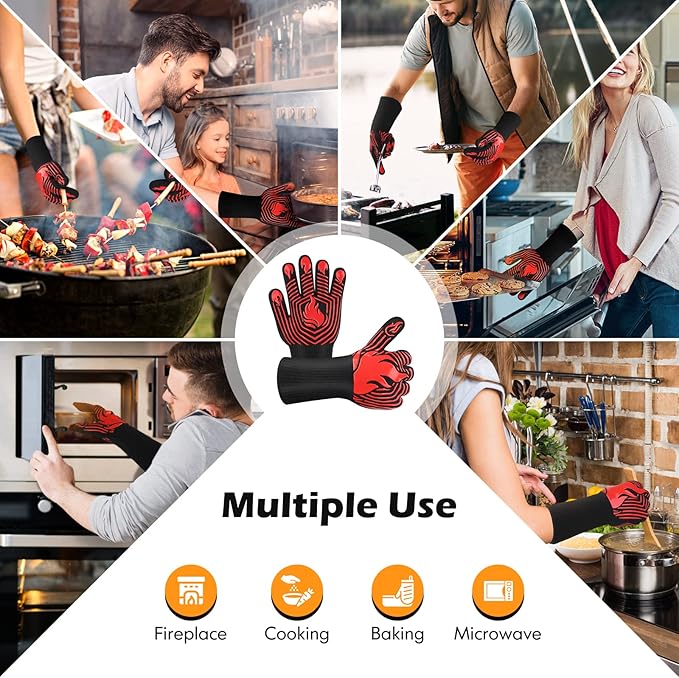 BBQ Gloves, 1472°F Heat Resistant Gloves Fireproof Mitts, Grilling Gloves Silicone Non-Slip Washable Oven Glove, Kitchen Glove for Barbecue, Grilling, Cooking, Baking, Camping, Smoker (Red)