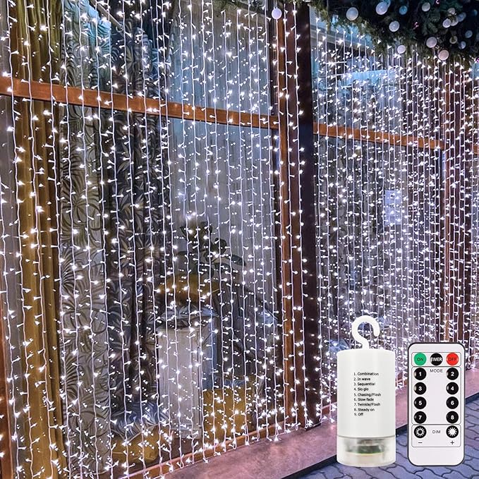 echosari Curtain Lights Battery Operated, 9.8Ft x 9.8ft 300 LED Curtain String Light with Remote Timer 8 Modes Hanging Lights for Wedding Party Home Garden Wall Decor (Cool White)