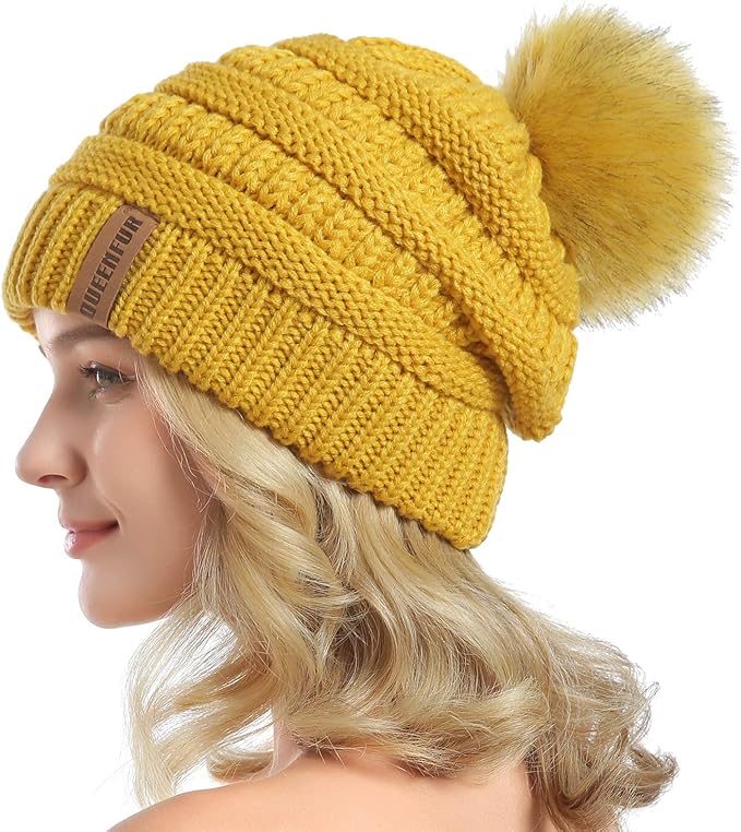 QUEENFUR Women Knit Slouchy Beanie Chunky Baggy Hat with Faux Fur Pompom Winter Soft Warm Ski Cap