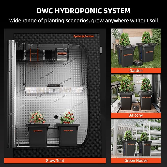Spider Farmer DWC Hydroponics Grow System with 7-Gallon Deep Water Culture, New Triangular Cover Design, Recirculating Drip Garden System with Top Drip Kit, 8W Air Pump, 2 Buckets