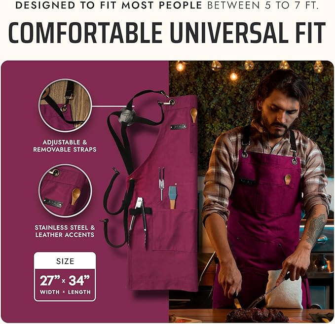 Asaya Chef and BBQ Apron with Bottle Opener and Hand Towel - 10oz Cotton Canvas, Stainless Steel Hardware - Cross Back Straps