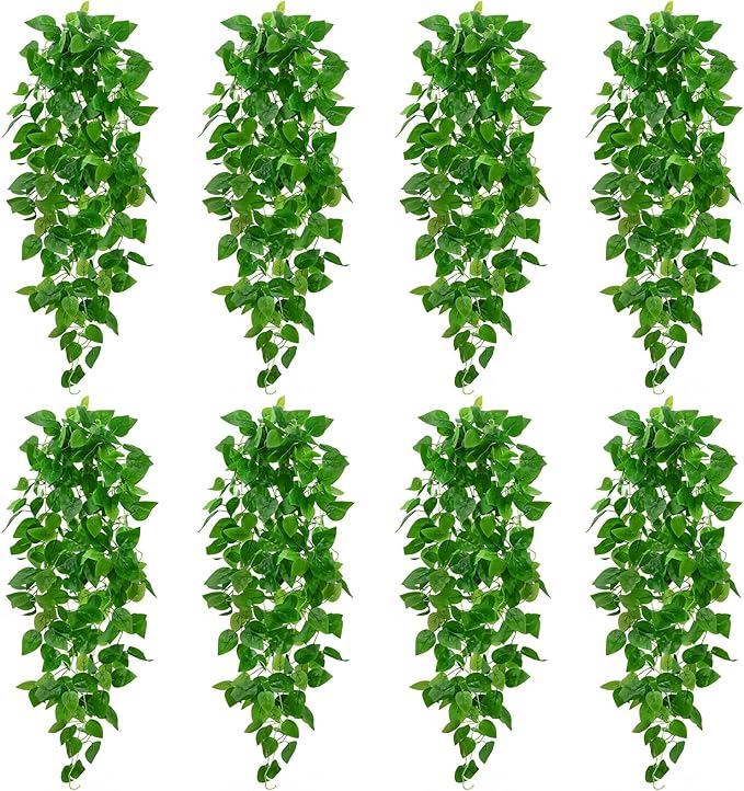 BLEUM CADE 8Pcs Fake Hanging Plants, 9 Branch Artificial Hanging Plant, Lush Faux Pothos Vines for Home Room Wall Shelf Porch Outdoor Indoor Decor (No Baskets)