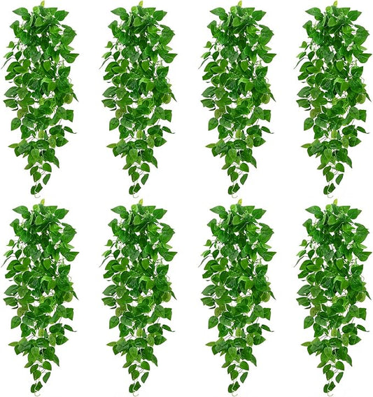 BLEUM CADE 8Pcs Fake Hanging Plants, 9 Branch Artificial Hanging Plant, Lush Faux Pothos Vines for Home Room Wall Shelf Porch Outdoor Indoor Decor (No Baskets)