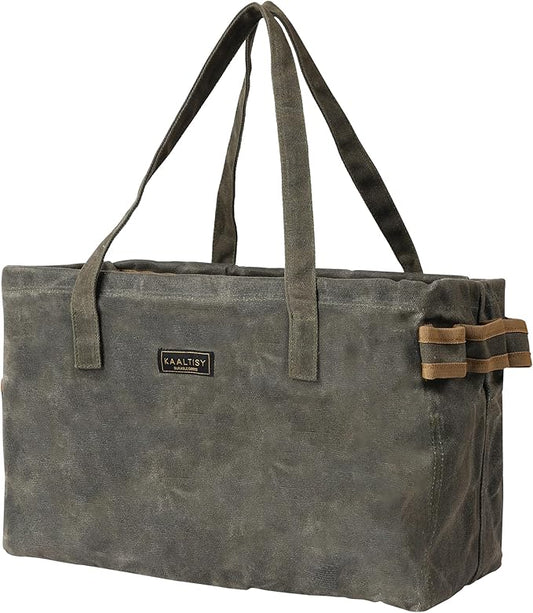 Kaaltisy Canvas Tool Tote Bag | 16OZ Waxed Canvas Tool Carrying Bag - with 8 Pockets & Metal Support Rods, Rectangular Foldable Canvas Tote Tool Bag for Chisels Wrench Hammer Level | Army Green