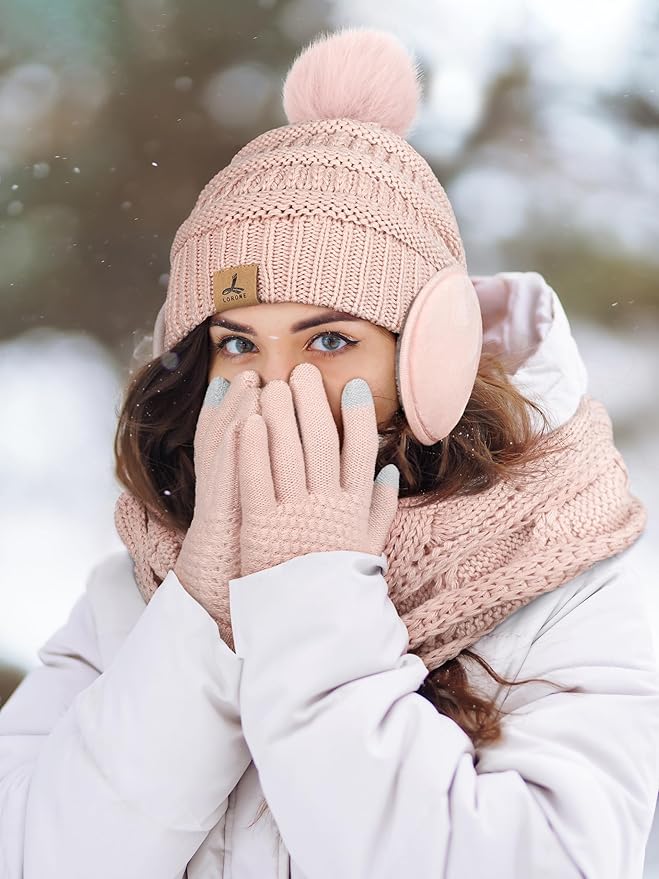 Winter Hat Scarf Gloves and Ear Warmer, Warm Knit Beanie Hat Touch Screen Gloves Set Winter Gifts Neck Scarves for Women
