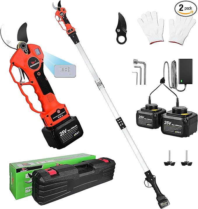 Cordless Electric Pole Pruning Shears,Suoxin 2-in-1 Handheld & Telescopic Tree Trimmer with 6.2FT Foldable Extension Pole, SK5 Blade,1.6" cutting diameter,LCD Display,2×4Ah Batteries for Garden Use