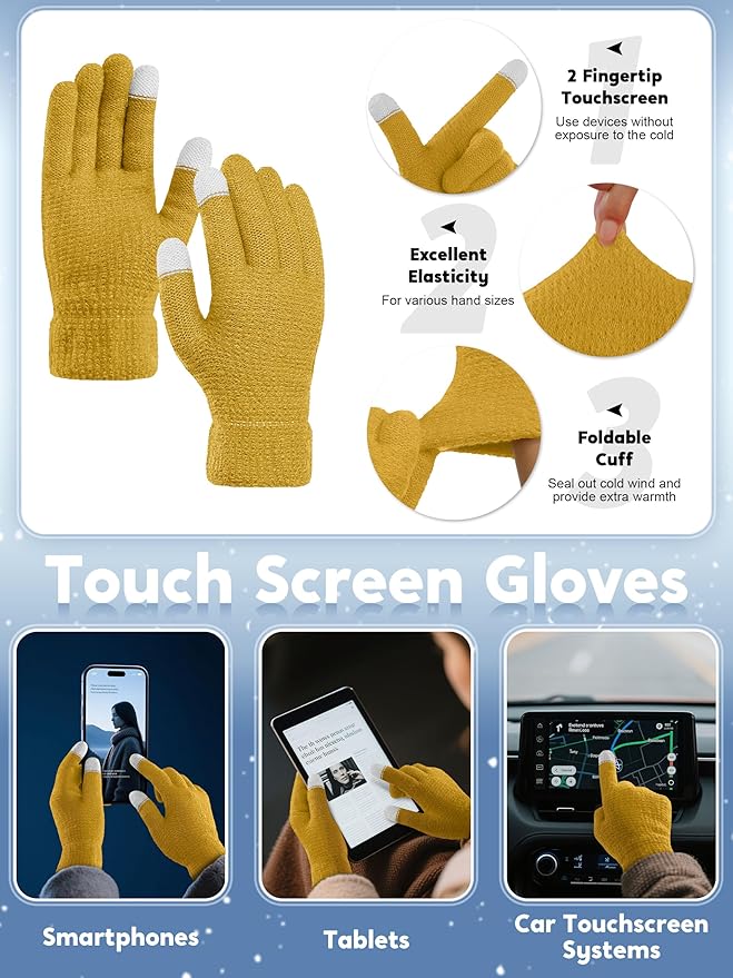 URATOT 4-In-1 Winter Warm Sets Knitted Scarf Touch Screen Gloves Beanie Pompom Hat and Winter Ear Warmer for Men or Women