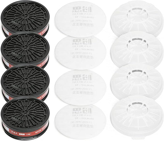 Replaceable Filter Cartridges Set - P-A-1 LDY3 Dual Respirator Filters - Fits Full Face Masks 80mm - 4 Carbon Filter Cartridges, 4 Cotton Filters, 4 Filter Covers. (4 Sets)