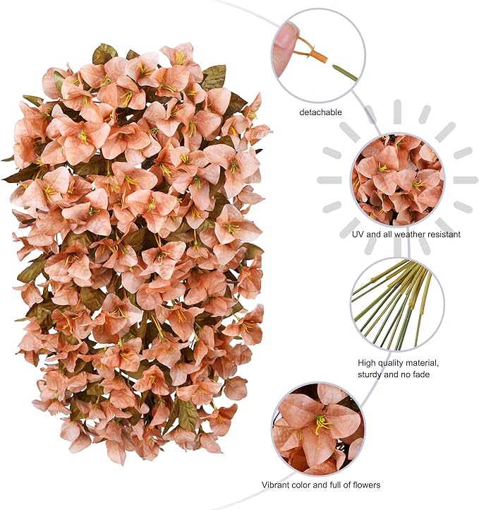 Bougainvillea Artificial Flowers Plants for Outdoors Outside Fall Autumn Decoration, 2 pcs Faux Silk Long Trailing Vines UV Resistant Look Real Brown Fake Flowers for Front Door Porch Planter Urn Yard