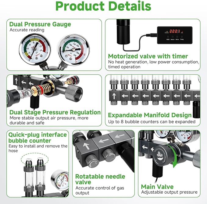 Upgraded Aquarium CO2 Regulator with Motorized Valve, Dual Stage Adjustable Pressure, Expandable for Two Tanks, Includes Timer and Bubble Counters for CO2 Aquarium System