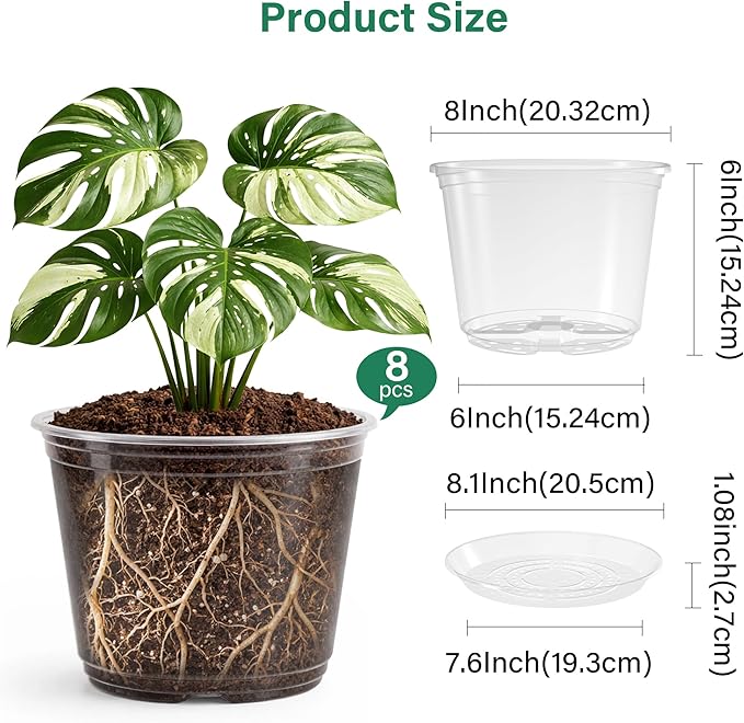 8 Packs 8 Inch Reinforced Large Clear Nursery Pots with Sacuers, Transparent Plastic Plant Pot Seedling Planter with Drainage Holes for Vegetable Propagation, Root Cutting, Seed Starting