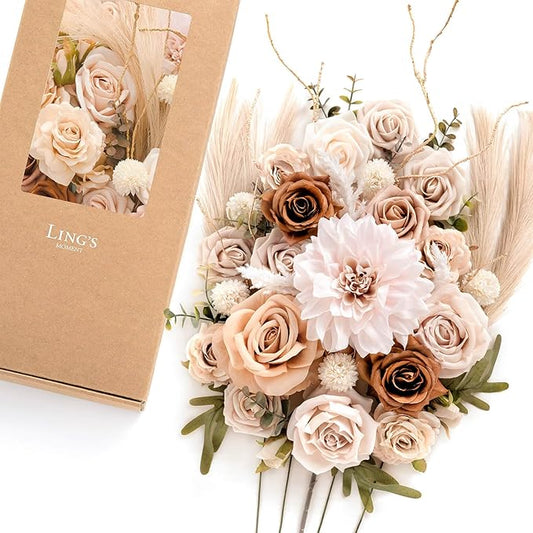 Ling's moment Fake Flowers Box, Faux Artificial Greenery Stems Foam Roses Silk Dahlia Pampas Grass Fabic Flower for Centerpieces Bouquet Wedding Vase Floral Decorations, Beige & Sepia, Deluxe Combo