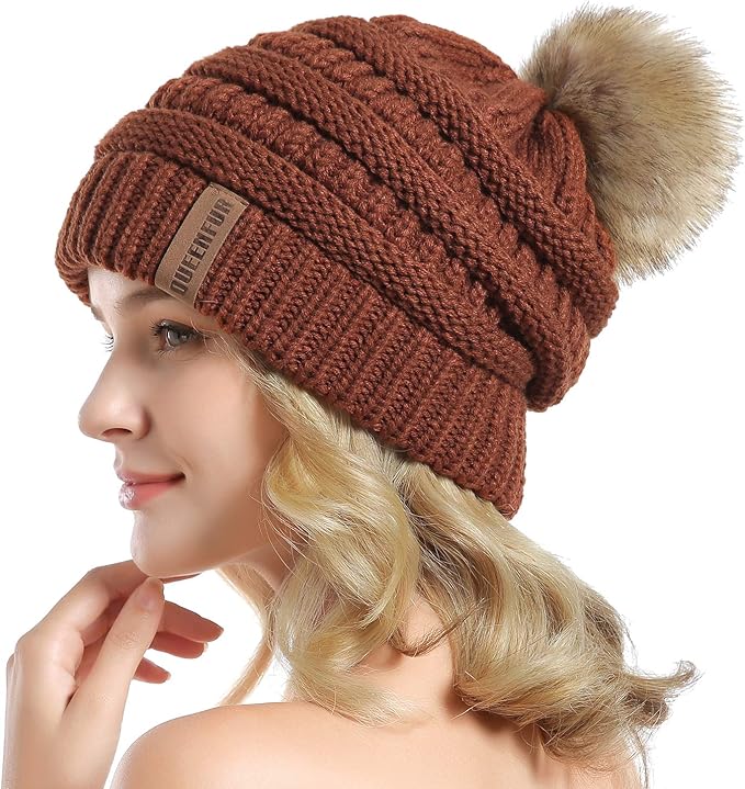 QUEENFUR Women Knit Slouchy Beanie Chunky Baggy Hat with Faux Fur Pompom Winter Soft Warm Ski Cap
