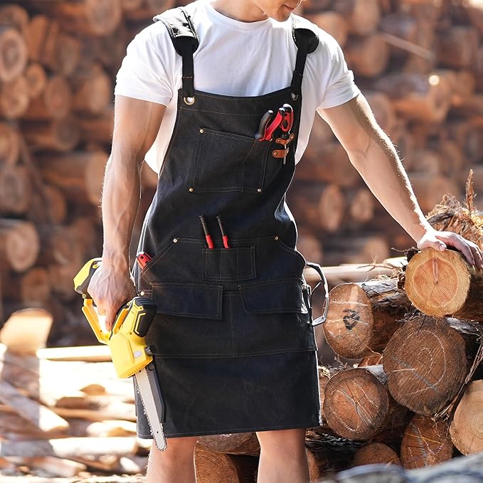 Tosewever Work Aprons for Men with Large Pockets, Canvas Cross Back Heavy Duty Adjustable Tool Aprons for Chef Cooking BBQ