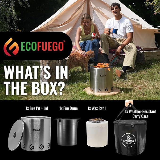 El Campo Portable Wax-Burning Fire Pit – Clean-Burning, No-Wood Fuel with 8-Hour Wax Refill – Compact and Durable for Camping, Travel, and Outdoor Use – Stainless Steel Finish