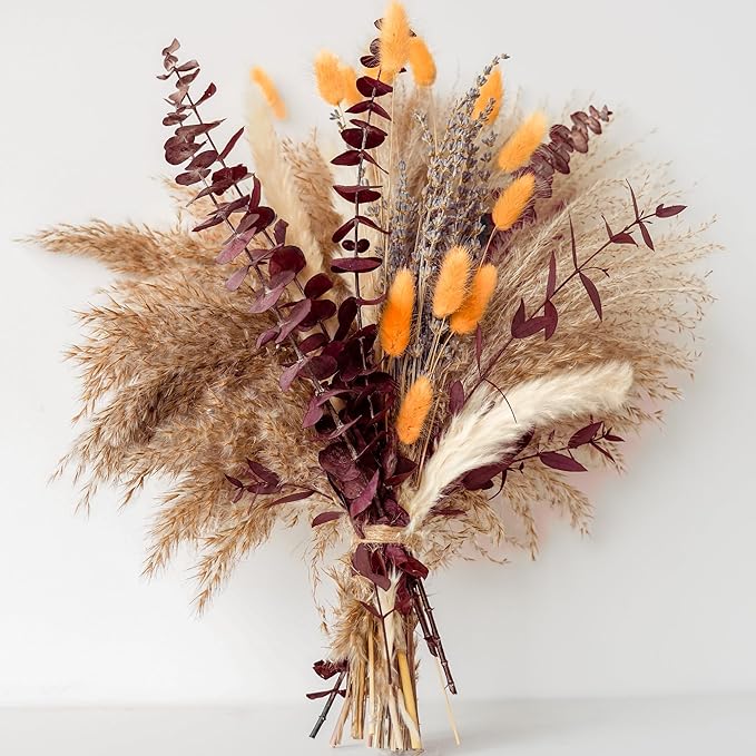 Fall Dried Flower Bouquet with Pampas Grass, Orange Bunny Tails, Lavender & Red Eucalyptus –Boho Fall Decor for Home, Vase, Porch & thanksgiving –Autumn Floral Arrangements for Fall Decorations Indoor