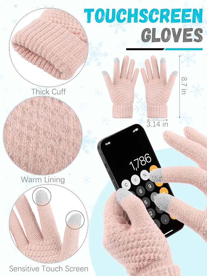 Winter Hat Scarf Gloves and Ear Warmer, Warm Knit Beanie Hat Touch Screen Gloves Set Winter Gifts Neck Scarves for Women