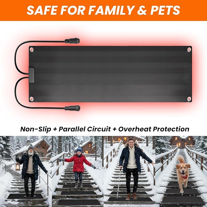 Graphene Snow Melting Mats for Stairs,Non-Slip Rubber Heated Walkway Mat,Fast Ice Melt 3 in/h,Safe & Energy Saving with Extended 20 inches Cord,10"x30" with Plug