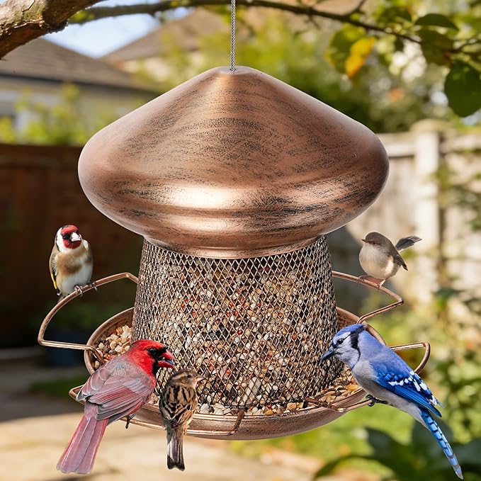 Bird Feeder, Heavy Duty Metal Bird Feeders for Outdoor Hanging, Cute Mushroom Shape 3.5 LB Large Capacity Wild Birdfeeder for Outside Garden Yard (Brown)