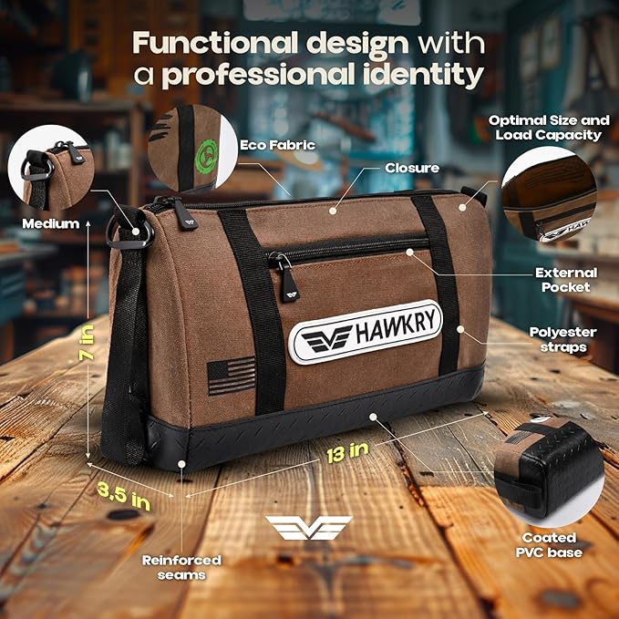 HAWKRY Canvas Tool Pouch – Brown Tool Bag for Tool Storage, DIY, Electrical, Auto or Hobby Use | Rugged Canvas Organizer with Zipper & Reinforced Base – Compact Utility Pouch for Toolbox or Car
