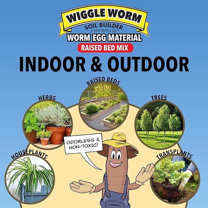 Raised Bed Mix, 40lbs - Organic Soil and Fertilizer for Container Gardening - Worm Egg Material Mixed with Odor Free Pure Worm Castings