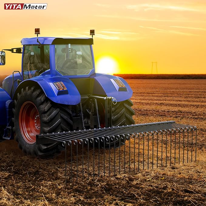 YITAMOTOR 72" Tow Behind Landscape Rake, 3 Point Quick Hitch Lawn Dethatcher Rakes with 32 Steel Tines for Category 1 Tractors, Heavy Duty Powder Coated Finish Tools for Leaves, Pine Needles, Straw