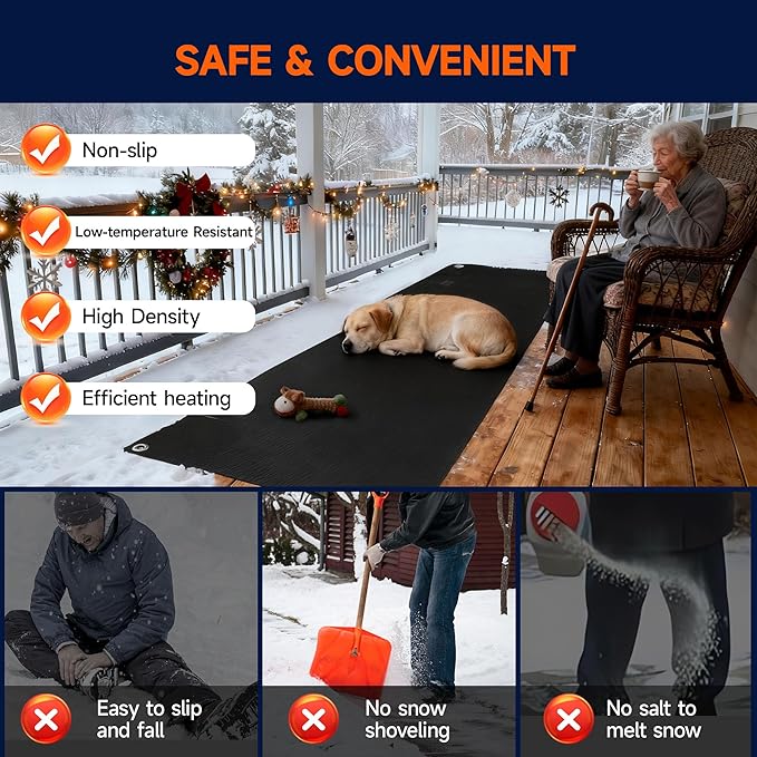 Snow Melting Mats Outdoor 20x60 Inch, Double No-Slip Rubber Heated Driveway Mats for Winter Snow Removal, 2 in/h Ice Melting Mats with Power Cord for Stairs, Walkways, Decks, Roof & Sidewalks,1PC