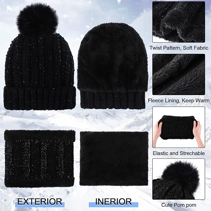 5 Pieces Women Winter Warm Set Knit Beanie Hat Scarf Touchscreen Gloves Earmuffs Stockings 5 in 1 Ski Outing Set for Gift