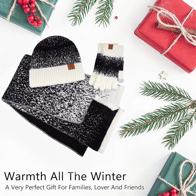 Womens Winter Knit Beanie Hats and Touchscreen Gloves Long Scarf Set with Warm Fleece Lined Skull Caps Scarves for Women