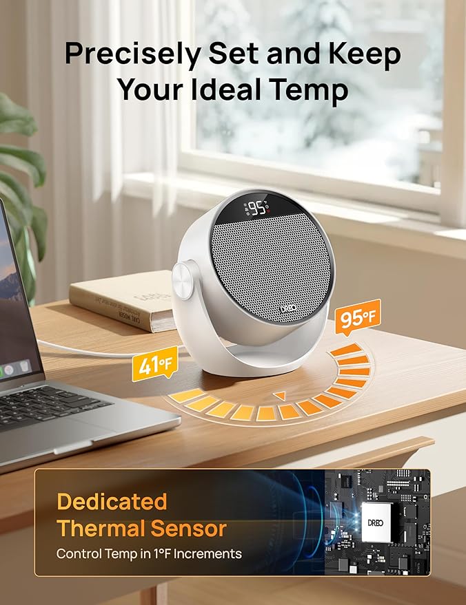 DREO Space Heater 1500W, 60° Adjustable Tilt, 10.5ft/s Portable Electric Heaters for Indoor Use with Thermostat, 8 Safety Protections, 3 Modes, Remote, Quiet Desk Heater for Bedroom, Office, White