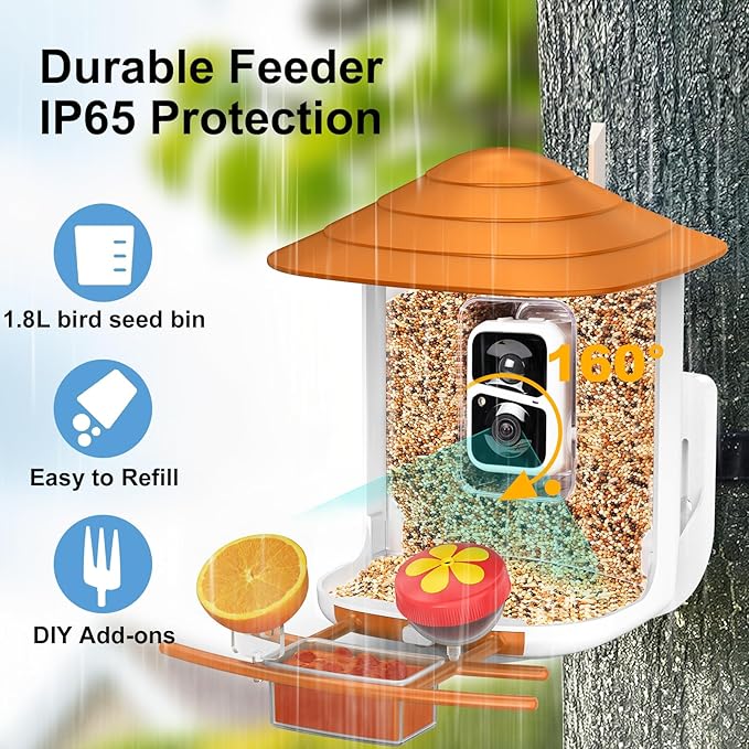 birdsnap® TUC Smart Bird Feeder with Camera 2K HD, Solar Panel 32GB Card 4-in-1 Perch, 160°View Auto Detect & Notify AI Identify Video Bird Camera Wireless Outdoors Ideal Gift for Birds Lover